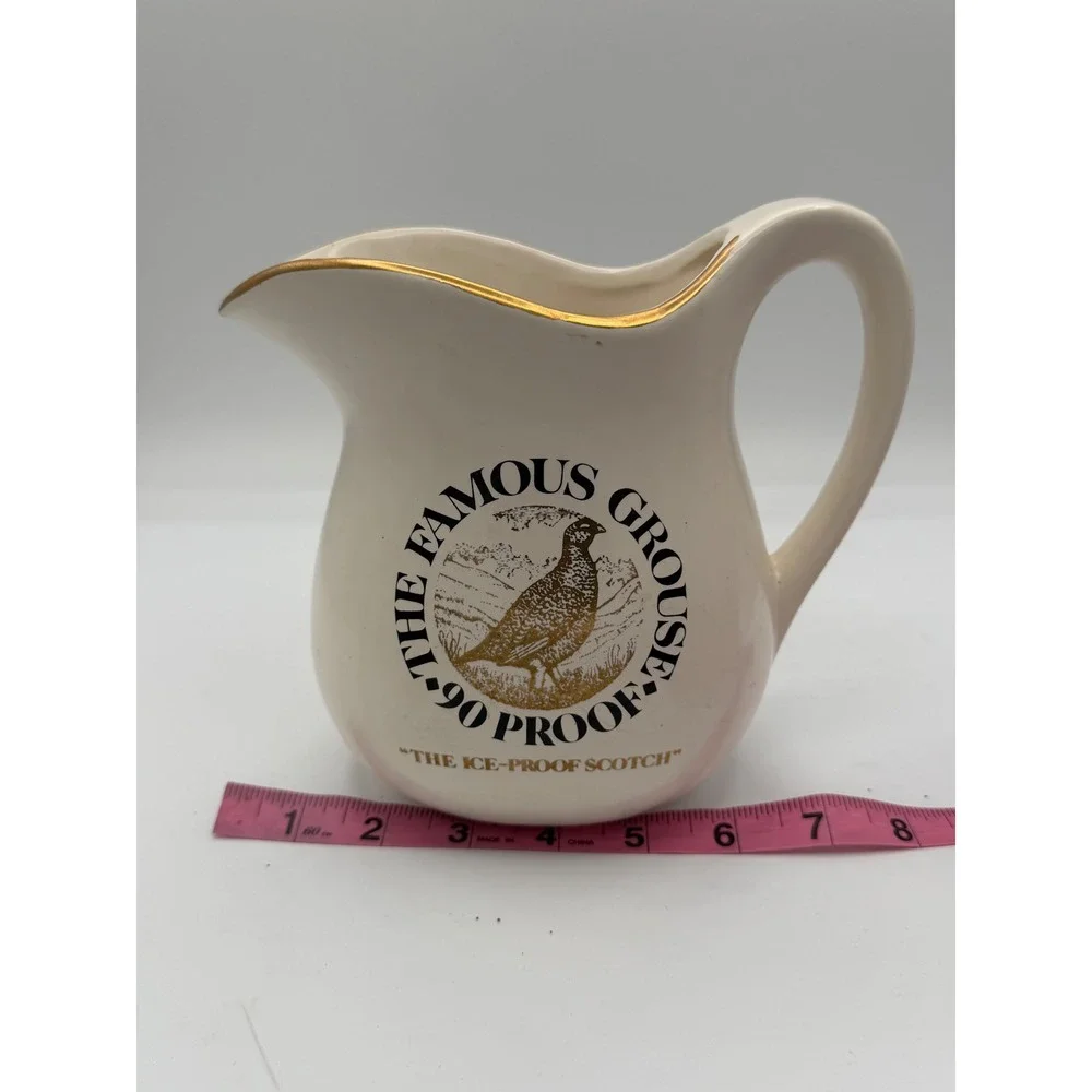 Vintage 1976 The Famous Grouse Scotch Whisky Pitcher Ceramic Barware Gold Rim